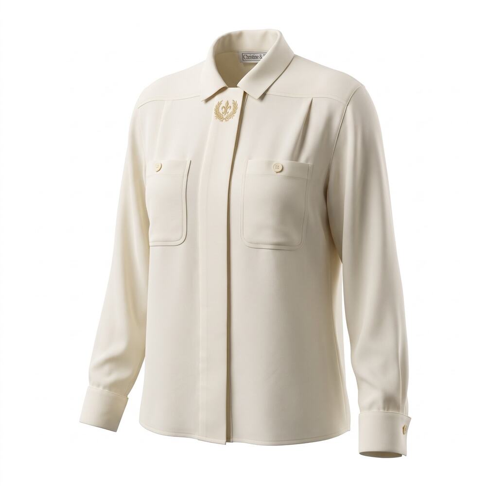 Vintage Christie & Jill Blouse Size 12 Ivory Embroidered Hidden Button Shirt